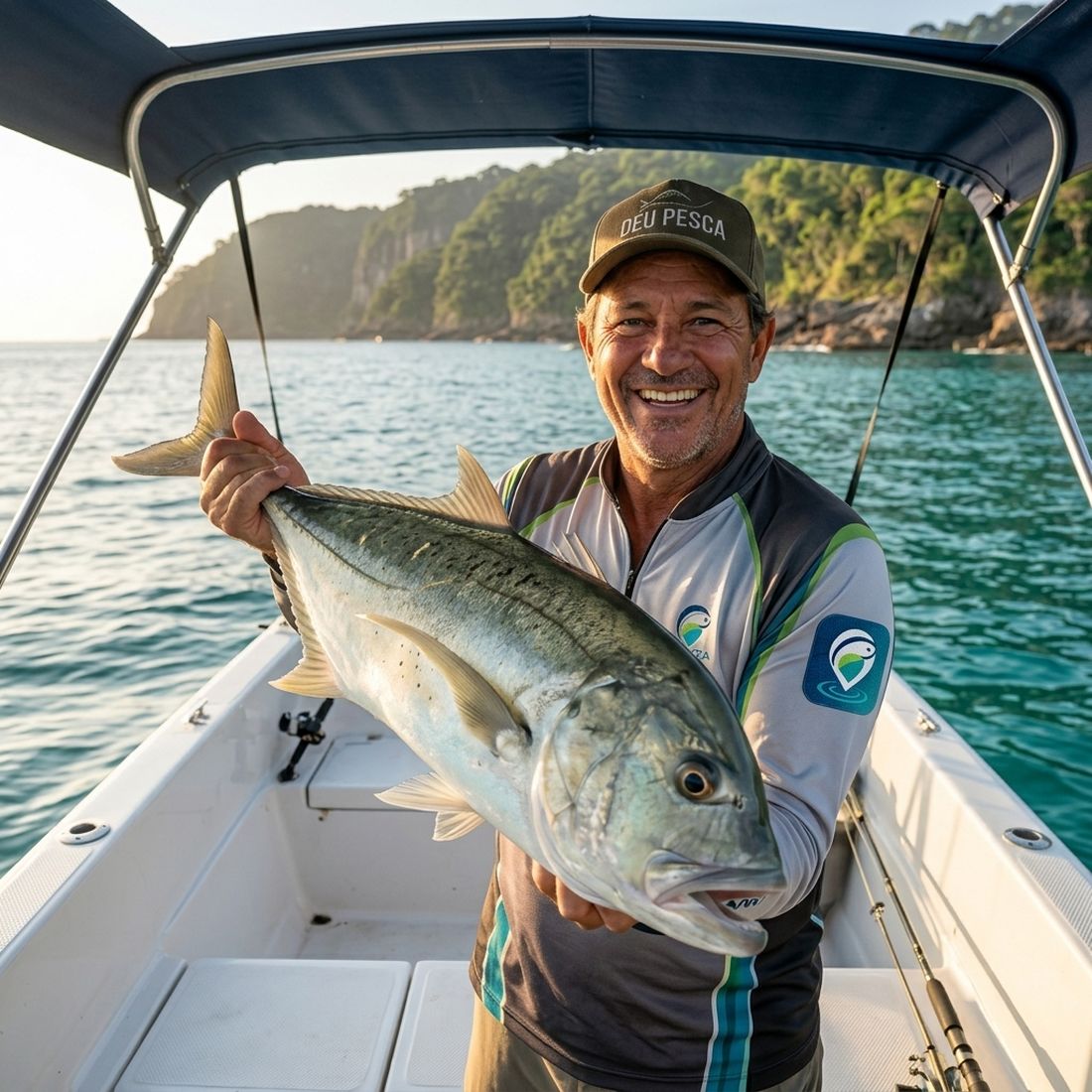 Pescador com boné DEU PESCA segurando um xeréu no mar